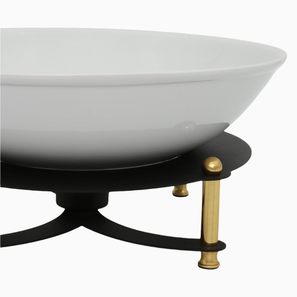 WHITE SOUP BOWL ON BLACK AND GOLD STAND