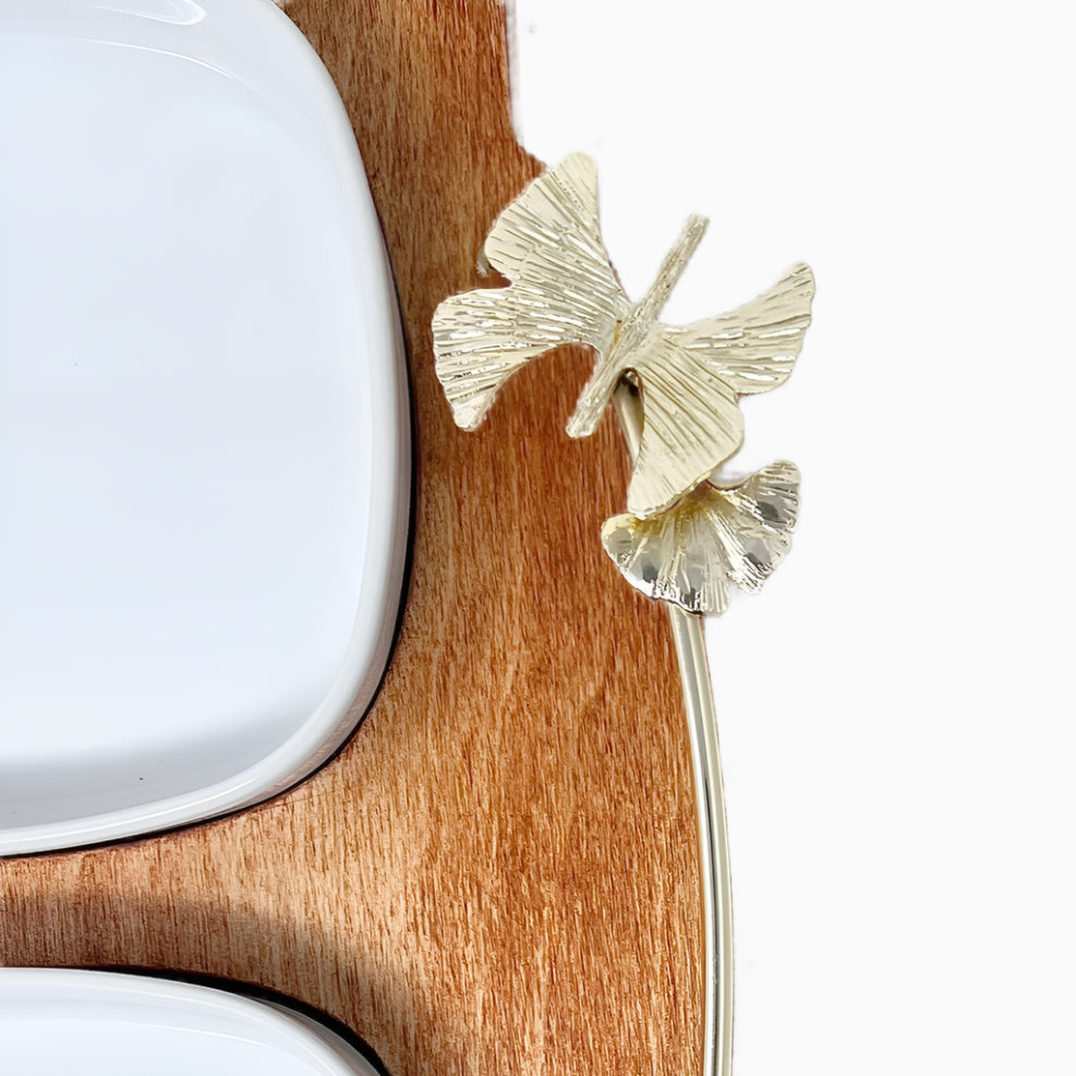 WOODEN SERVING TRAY WITH FOUR WHITE PORCELAIN  BOWLS AND GOLDEN BUTTERFLY HANDLES