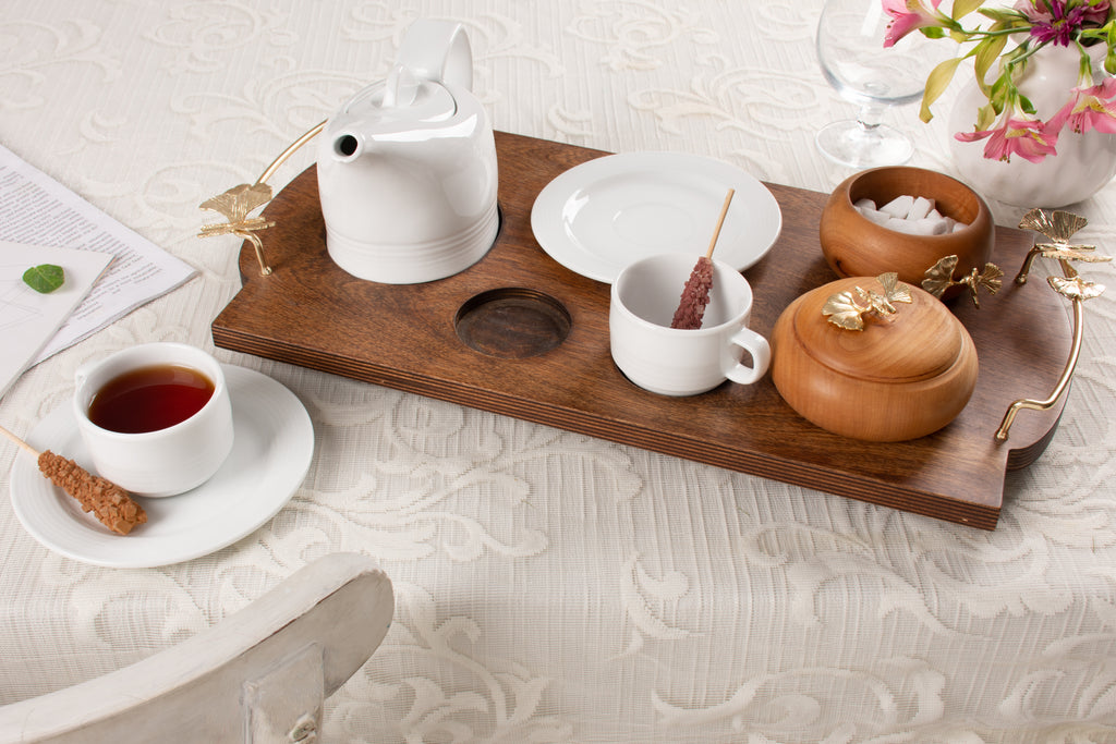 WOODEN TEA SERVING TRAY WITH  GOLD BUTTERFLY HANDLES AND  PORCELAIN TEA SET