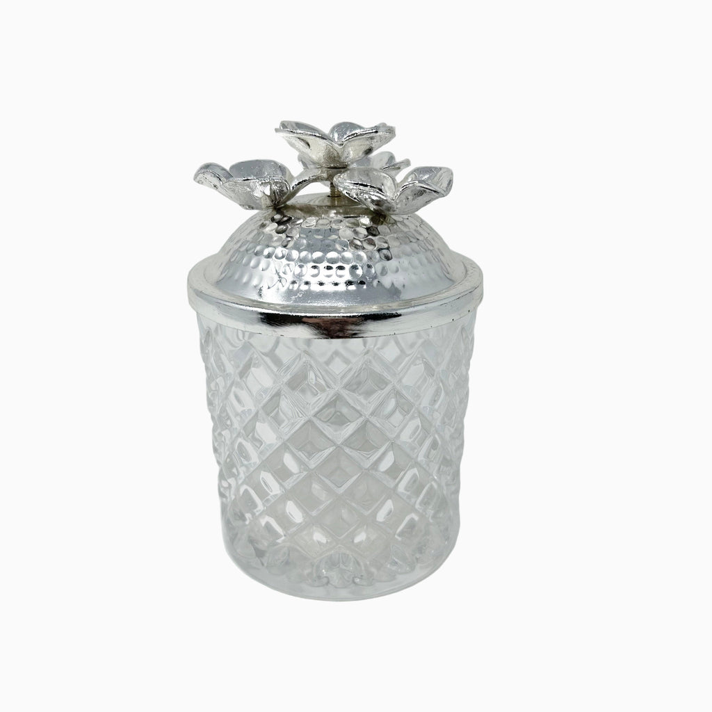 GLASS JAR WITH SILVER TONE LID, FLOWER COLLECTION